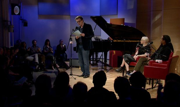 Kurt Andersen, Cintra Wilson, and Colson Whitehead on stage at the Jerome L. Greene Performance Space